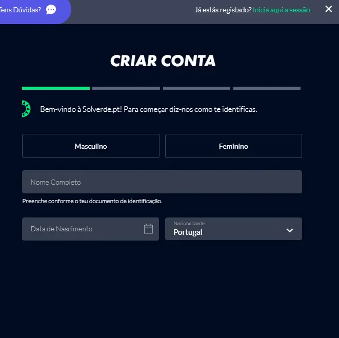 Formulário rápido para criar conta de jogador